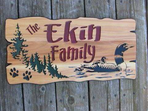 custom wood sign Loon, trees and paw prints